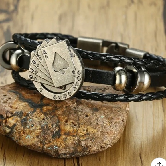 Unisex Leather Braided Bracelet Poker Spade Royal Flush - Picture 3 of 13